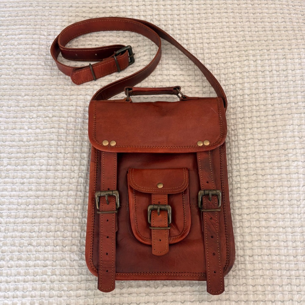 Vintage Distressed Leather Vertical Messenger Bag Crossbody Satchel Travel iPad